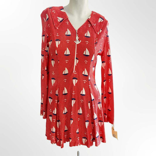 Vintage 1960s-70s Halifax Crimson Red Sailboat Anchor Print Zip Front Dress
