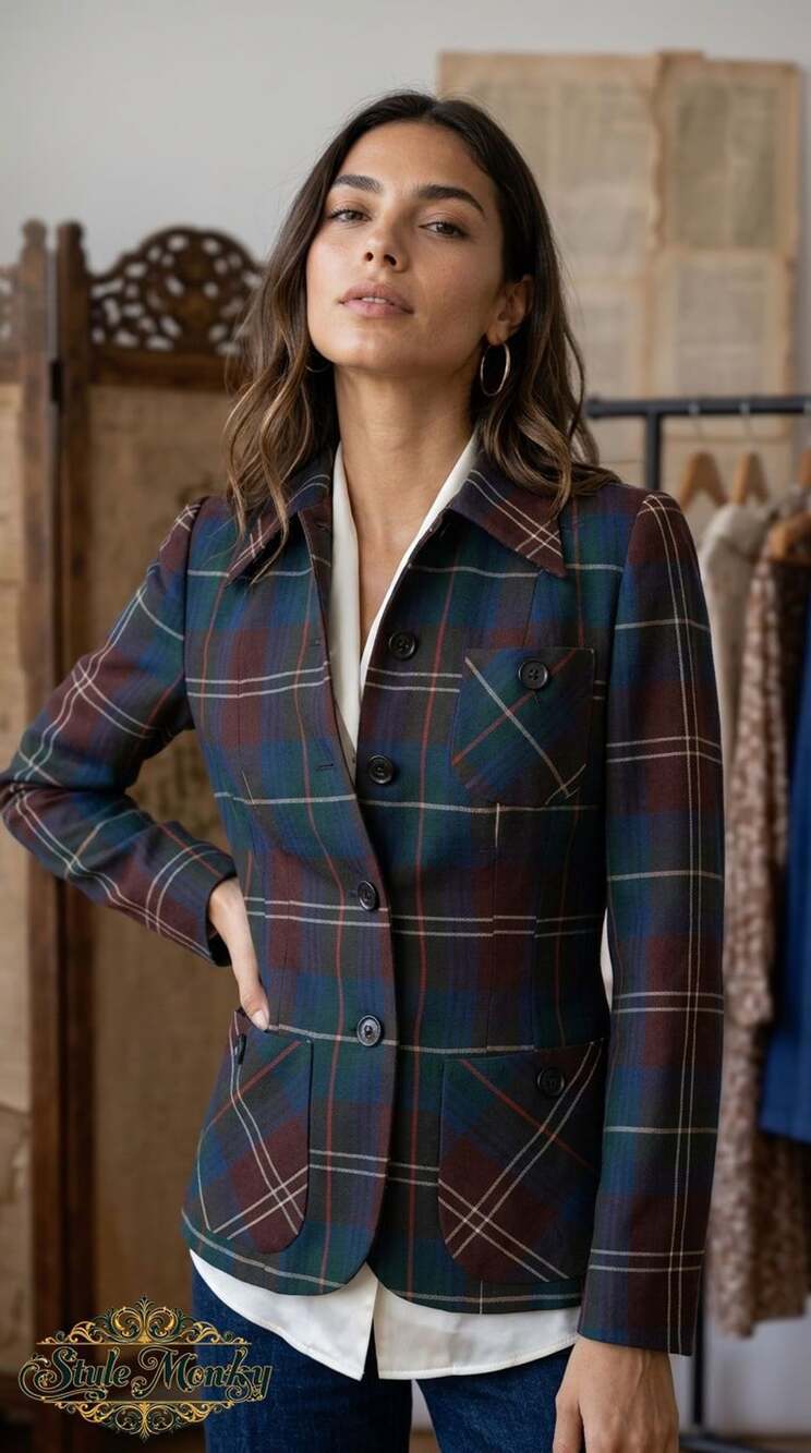 Arthur Jay Vintage Tartan Plaid Wool Blazer Jacket with Pockets
