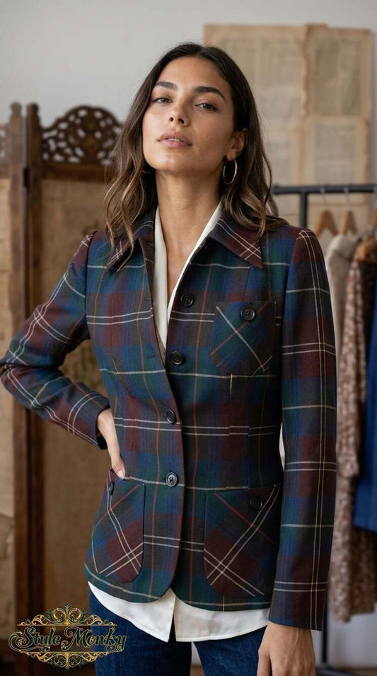 Arthur Jay Vintage Tartan Plaid Wool Blazer Jacket with Pockets