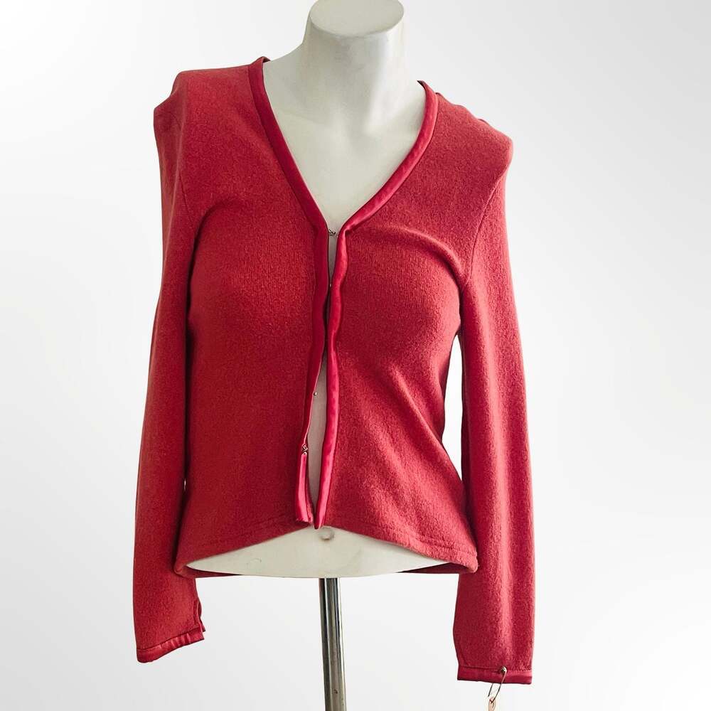 William B Red Wool Blend Satin Trim V-Neck Cardigan Sweater Small