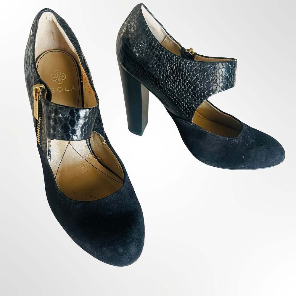 Isola Black Suede and Snakeskin Embossed Leather Mary Jane Block Heel Pumps