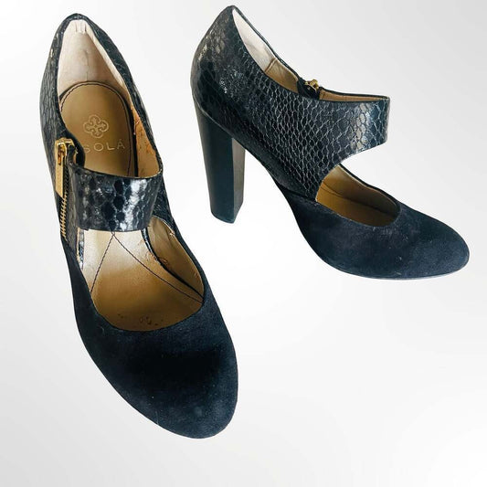 Isola Black Suede and Snakeskin Embossed Leather Mary Jane Block Heel Pumps