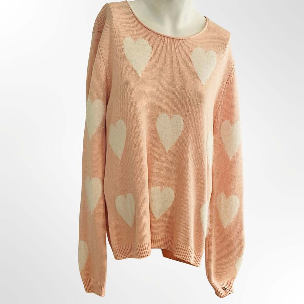 Tequila Solo Coco Heart Pattern Knit Pullover Sweater Peach Pink Size L