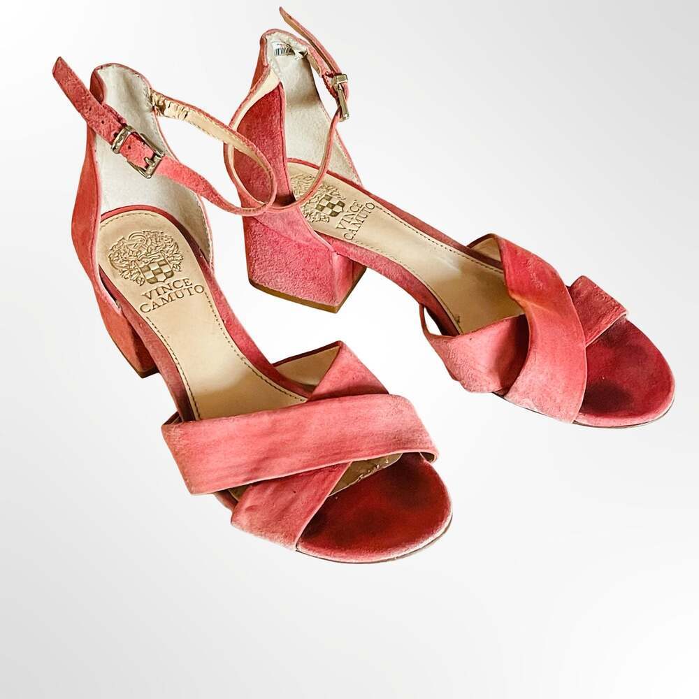 Vince Camuto Florrie Pink Suede Cross-Strap Block Heel Sandals