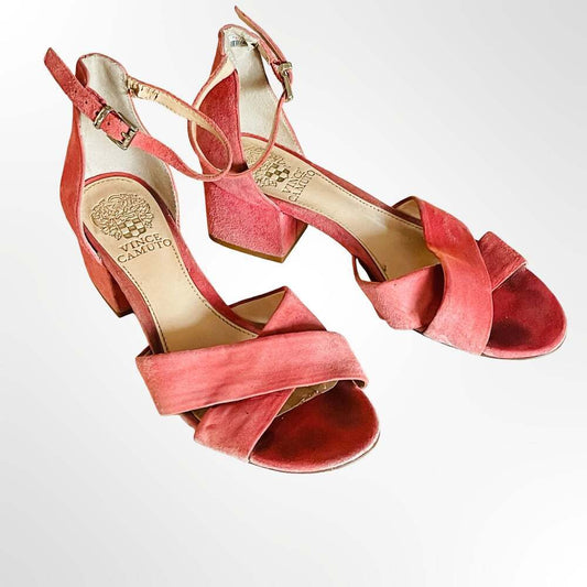 Vince Camuto Florrie Pink Suede Cross-Strap Block Heel Sandals