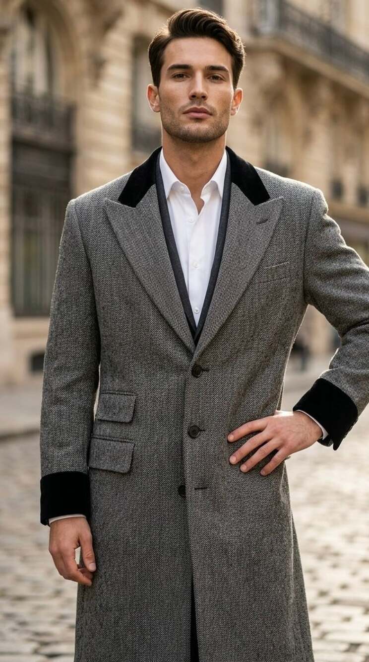 Scafati New York Men's Gray Herringbone Wool Overcoat with Velvet Collar Size 44