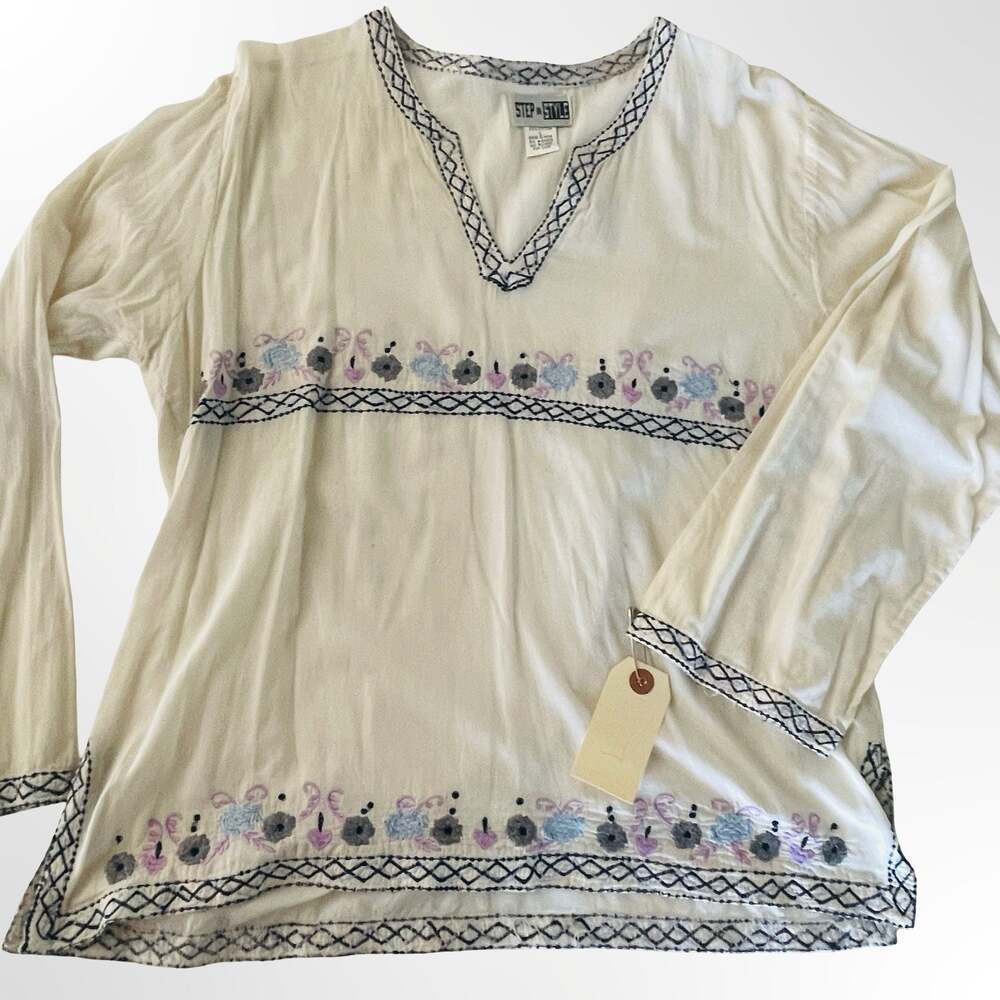 Step In Style Embroidered Boho Cotton V-Neck Long Sleeve Blouse Size L