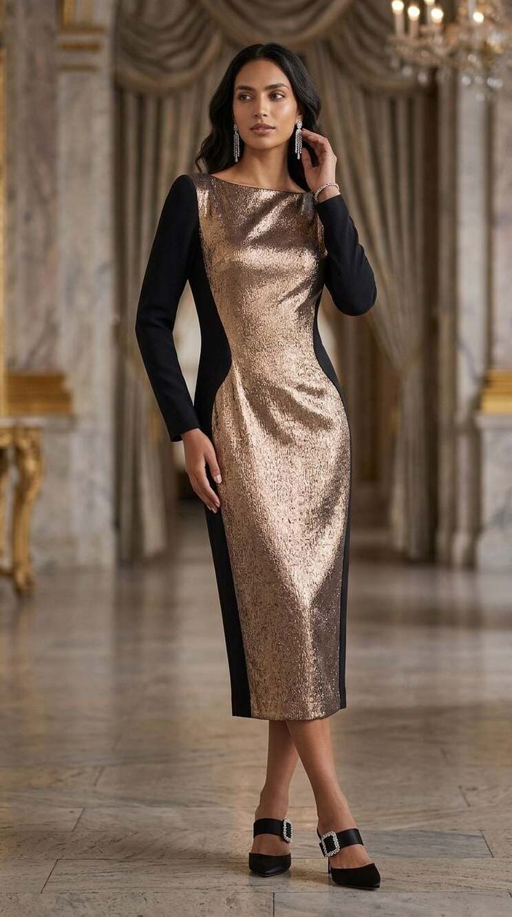 Angela Dean Women's Black and Metallic Gold Sequin Contrast Sheath Dress