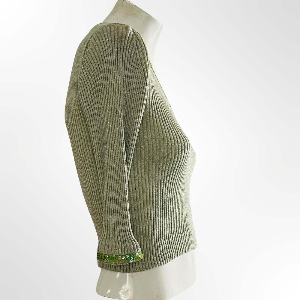 Fuse Silk Metallic Ribbed Knit Top with Green Sequin Trim Size M
