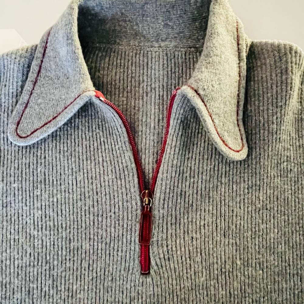 Gray Ribbed Half-Zip Sweater with Contrast Red Trim Lapel Collar