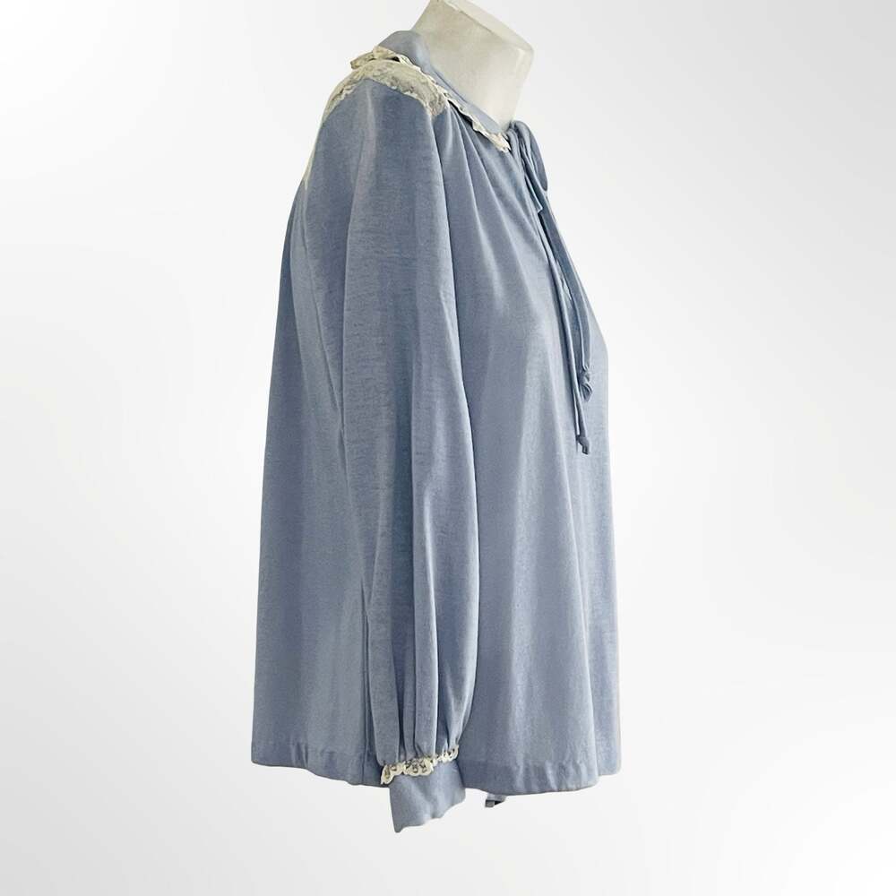 Red Pepper Vintage Blue Knit Blouse with Lace Collar and Tie