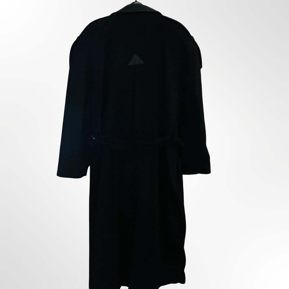 Vintage Black Wool Long Trench Coat with Leather Trim and Red Lining
