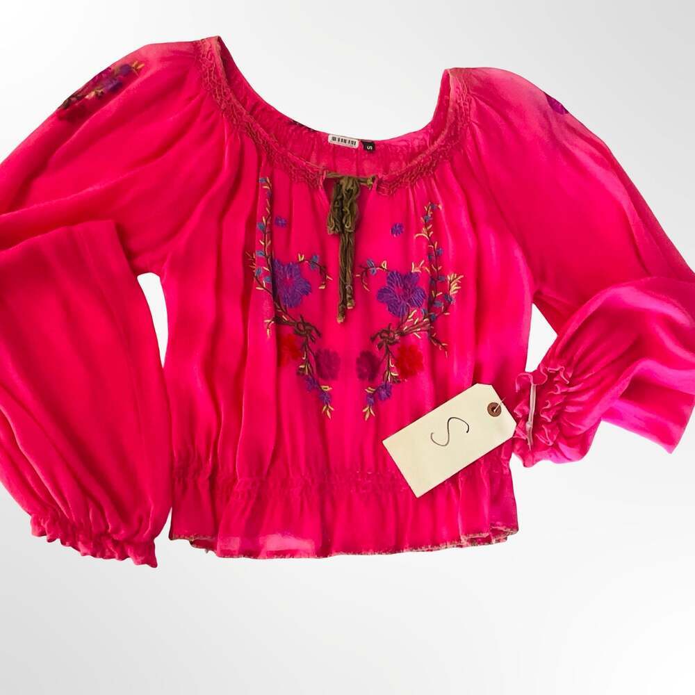 Johnny Was Pink Embroidered Floral Bohemian Tunic Top Size S