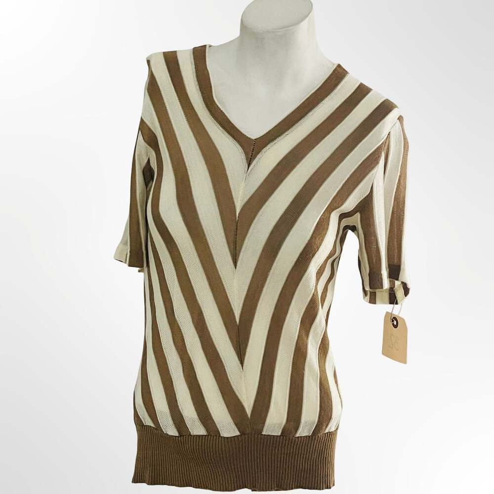 JAGRO strickmoden Brown and Cream Striped V-Neck Knit Short Sleeve Top