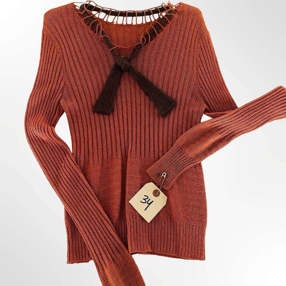 Vintage Textured Ribbed Orange Sweater with Brown Macrame Neck Tie