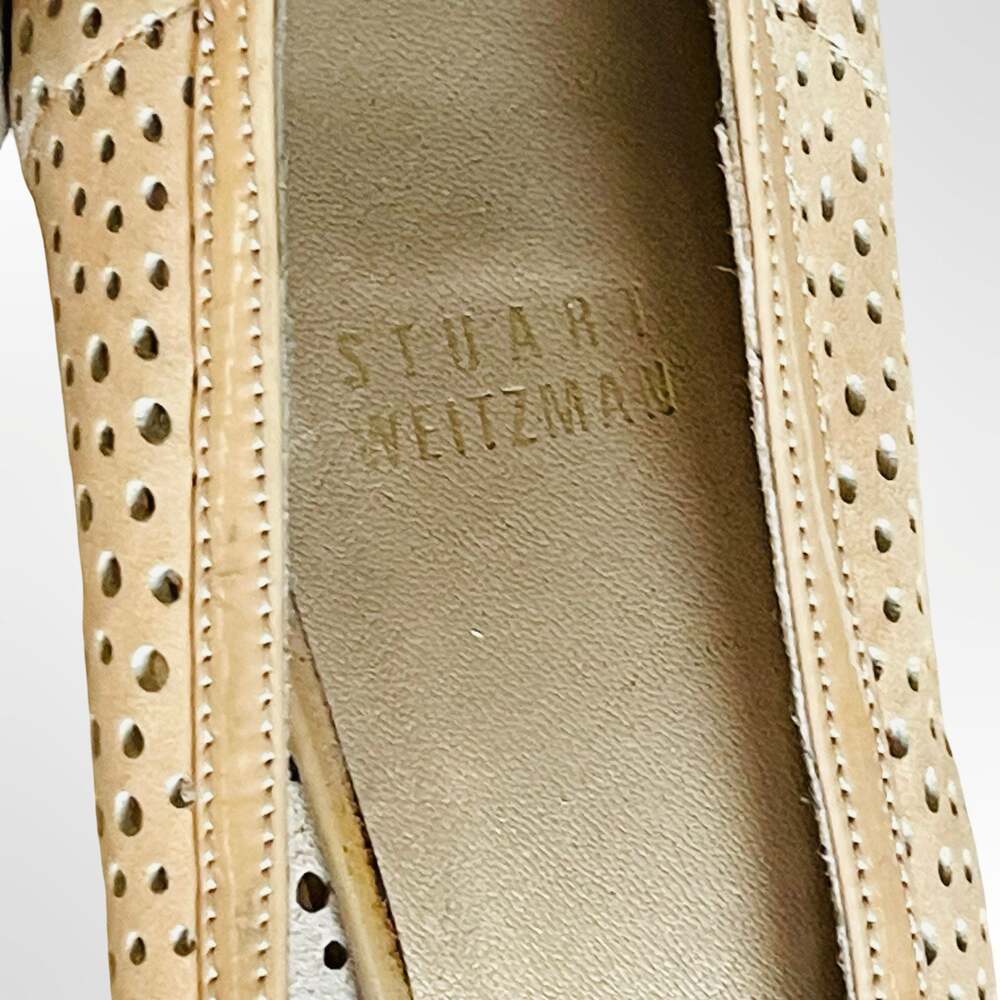 Stuart Weitzman Women's Beige Perforated Leather Peep-Toe Wedge Pumps