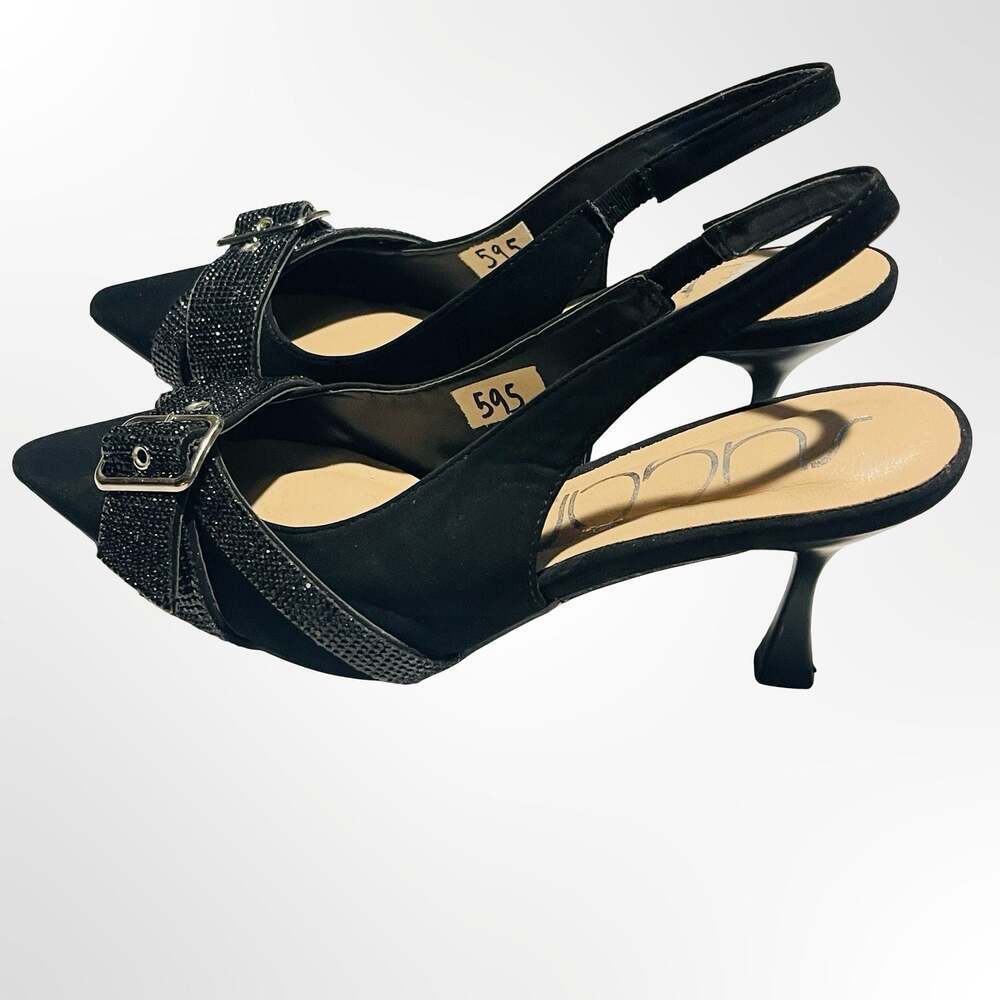Sugar Black Suede Rhinestone Buckle Slingback Kitten Heels