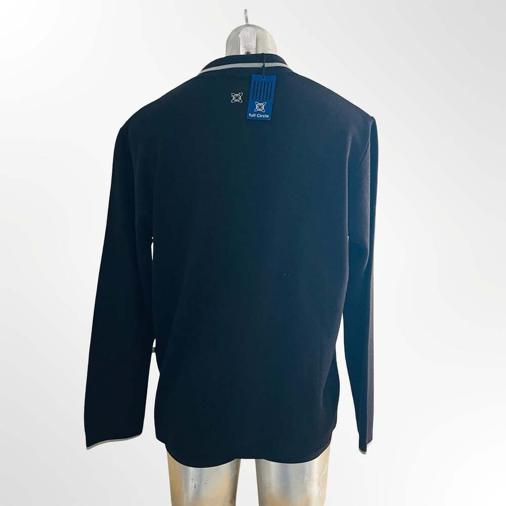 Full Circle Black and Grey Striped Knit Long Sleeve Polo Sweater