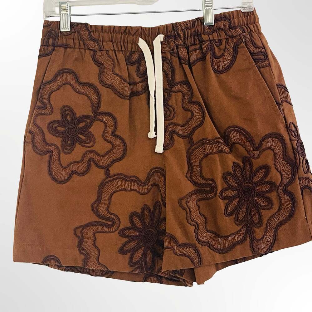 Zara Brown Floral Embroidered Pull-On Shorts