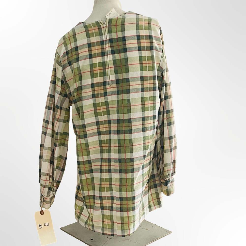 Vintage Green Plaid Long Sleeve V-Neck Babydoll Tunic Top with Pleats