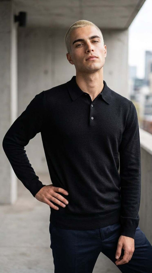 Nordstrom Mens XL Black 100% Extra Fine Merino Wool Long Sleeve Polo Sweater