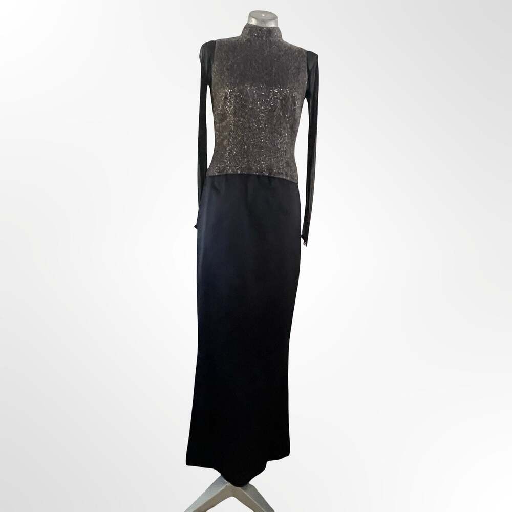 Vintage Vera Wang Mock Neck Beaded Metallic Mesh Long Sleeve Evening Gown