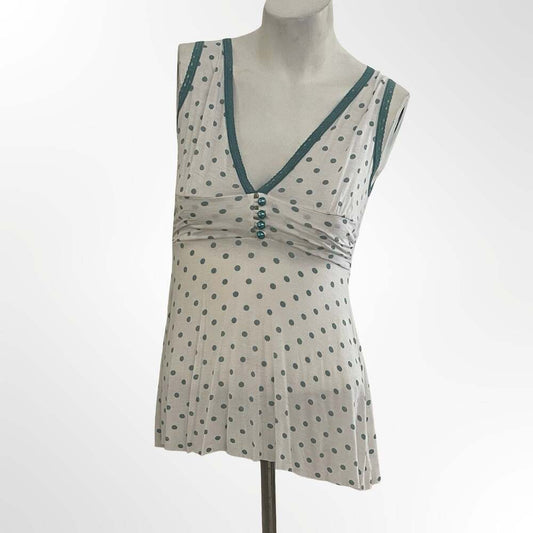 XXS Vintage-Inspired Polka Dot V-Neck Tank Top with Lace Trim and Buttons