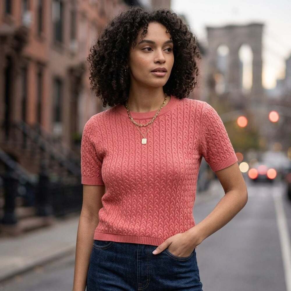 Oodji Ultra Pink Cable Knit Short Sleeve Crewneck Sweater Size XS