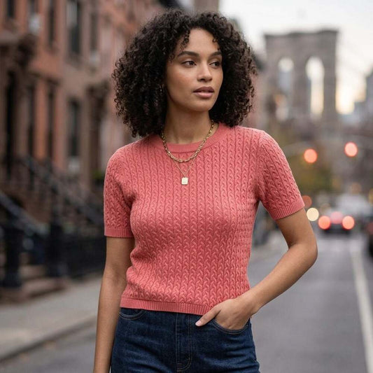 Oodji Ultra Pink Cable Knit Short Sleeve Crewneck Sweater Size XS