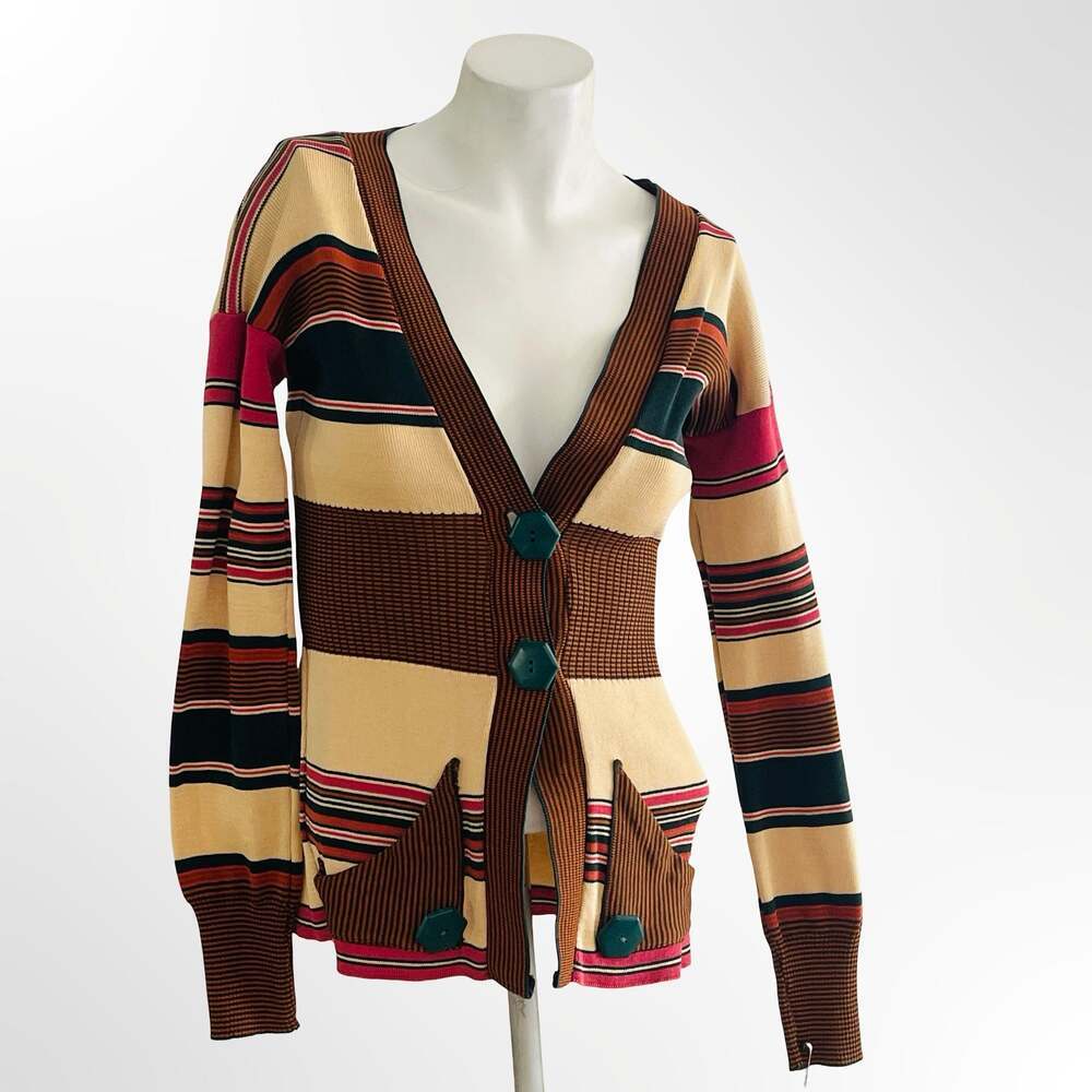 Vintage Match II 1970s Multi Stripe V-Neck Button Cardigan Sweater