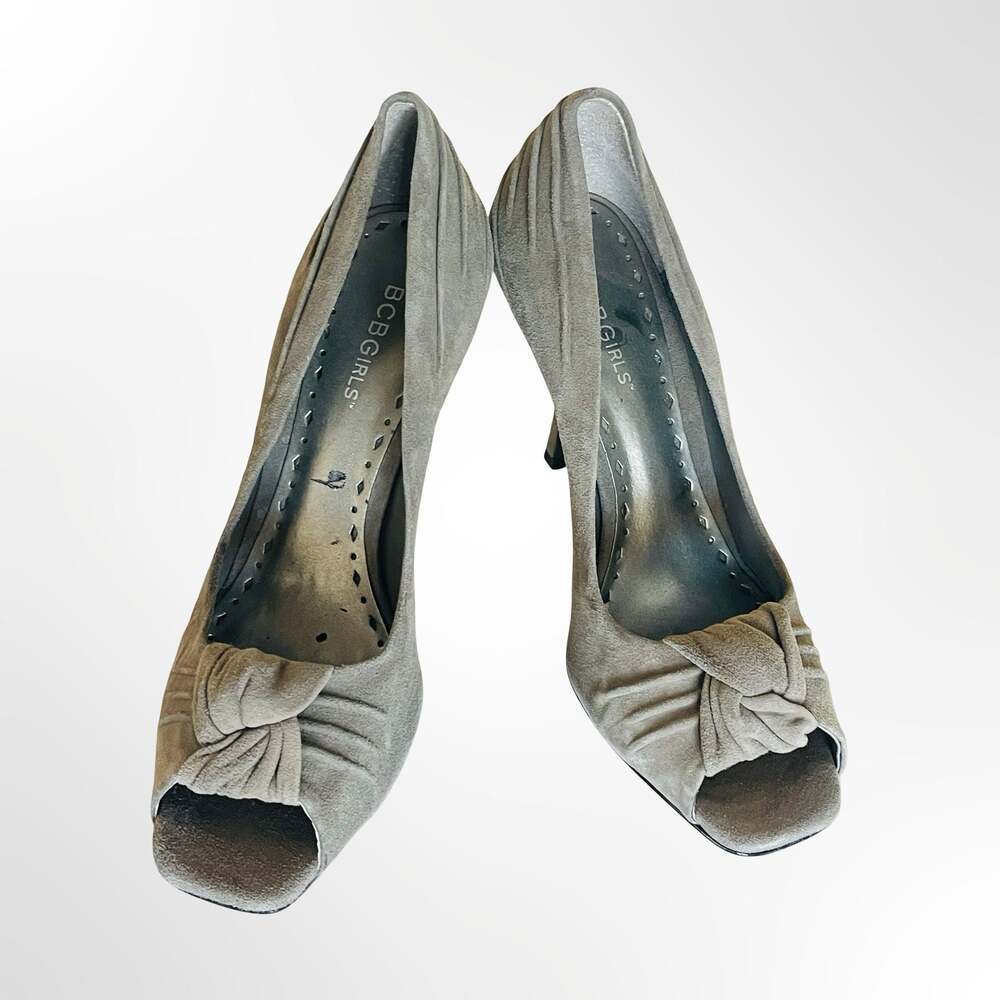 BCBGIRLS Suede Peep Toe Pumps with Knotted Detail