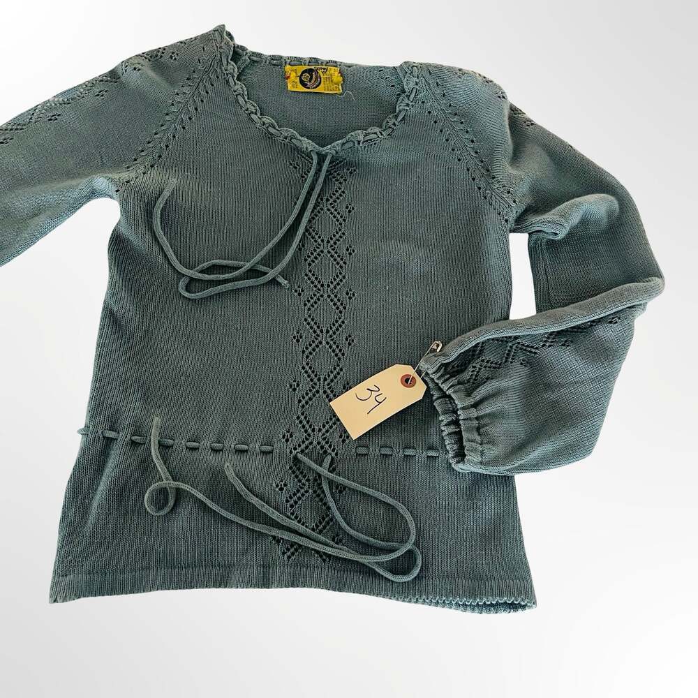 Vintage Beewear Boho Sage Green Pointelle Knit Tie-Front Peplum Top