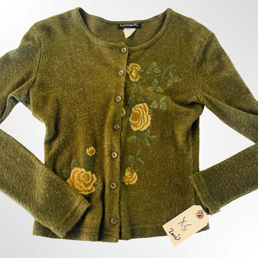 Cament Vintage Green Floral Embroidered Button Front Cardigan Sweater XS