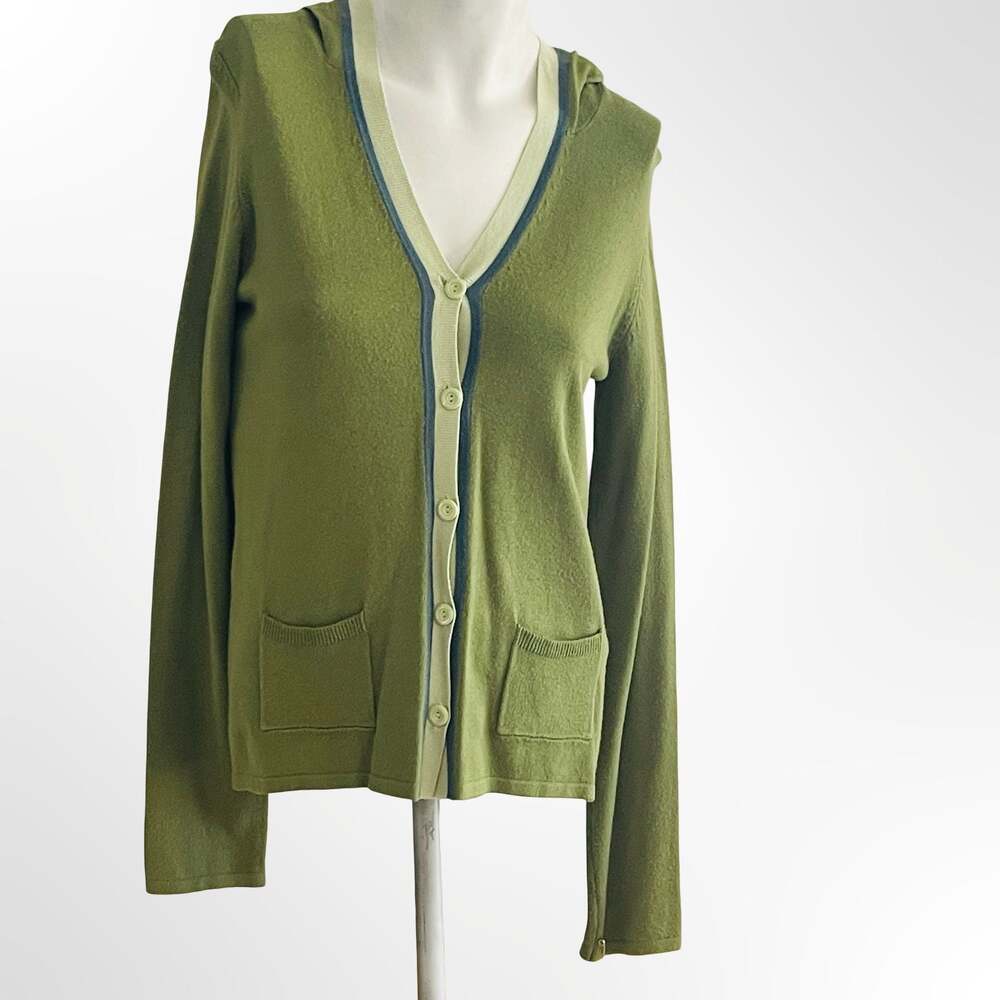 Moth Green Hooded Button-Front Cardigan Sweater with Contrast Trim Size M