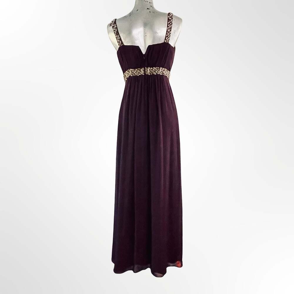 Calvin Klein Sleeveless V-Neck Pleated Chiffon Evening Gown w Crystal Waist det