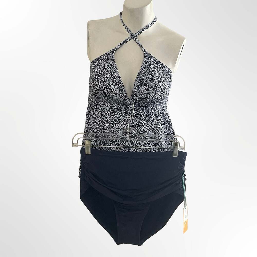Leaf Print Halter Tankini Top and Ruched Bikini Bottom Swim Set
