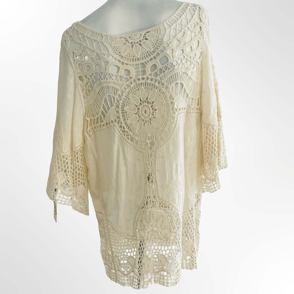 Indikah Cream White Boho Crochet Lace One Size Tunic Blouse