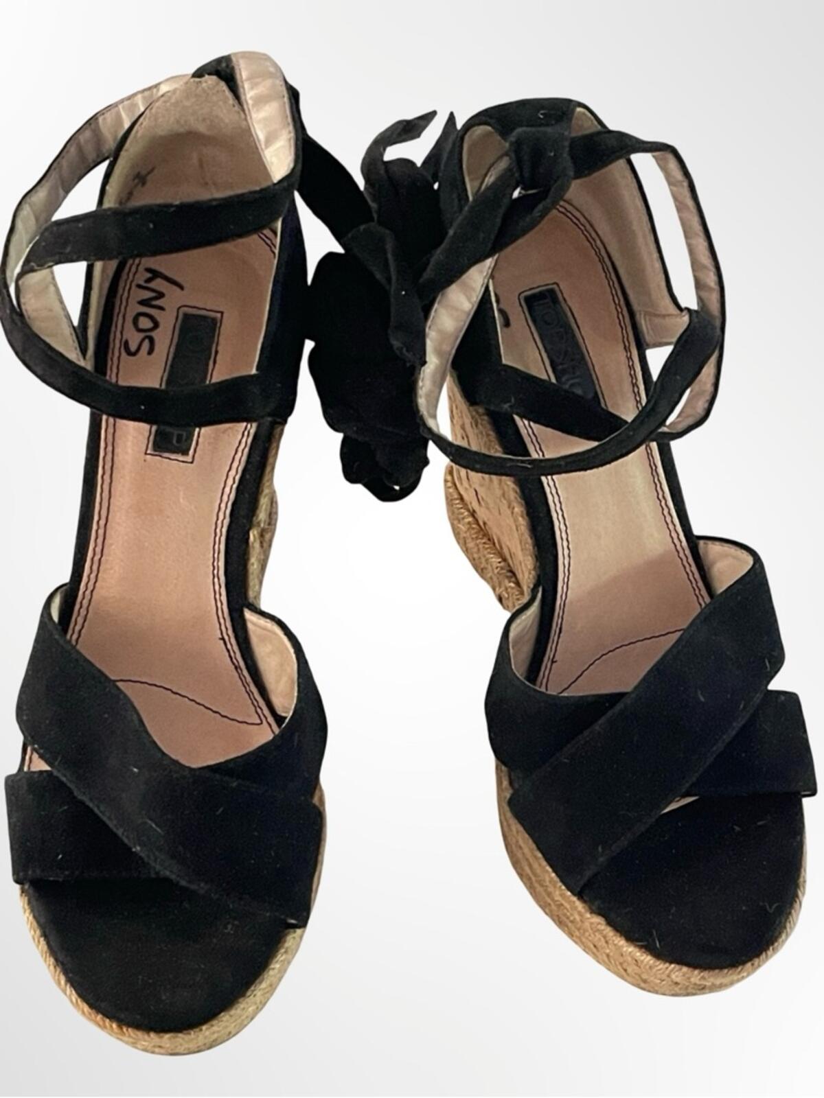 Topshop Black Suede Espadrille Wedge Sandals with Ankle Ties