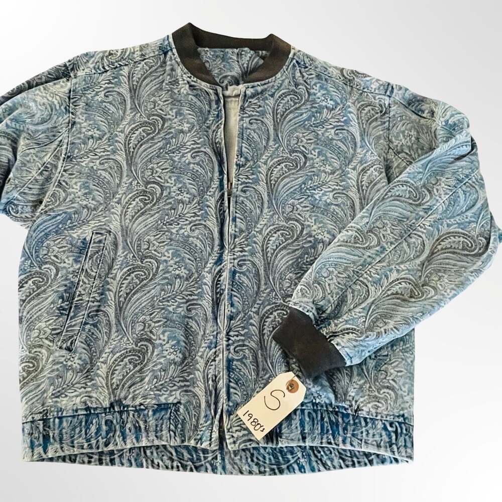 Vintage 1980s Blue Paisley Print Denim Bomber Jacket with Ribbed Trim