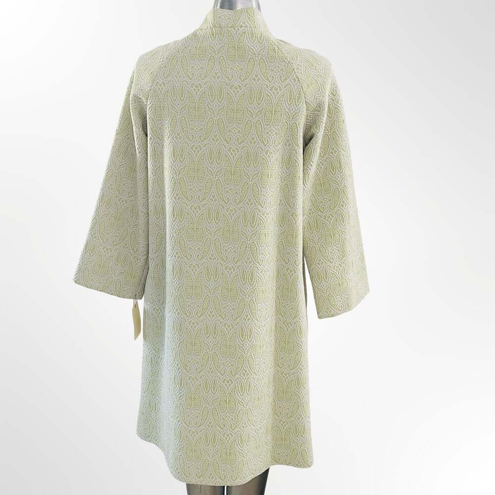 Vintage 1960s Green and Gold Paisley Brocade Long Coat with Stand Collar