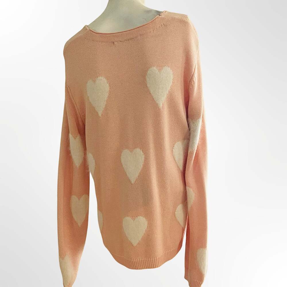 Tequila Solo Coco Heart Pattern Knit Pullover Sweater Peach Pink Size L
