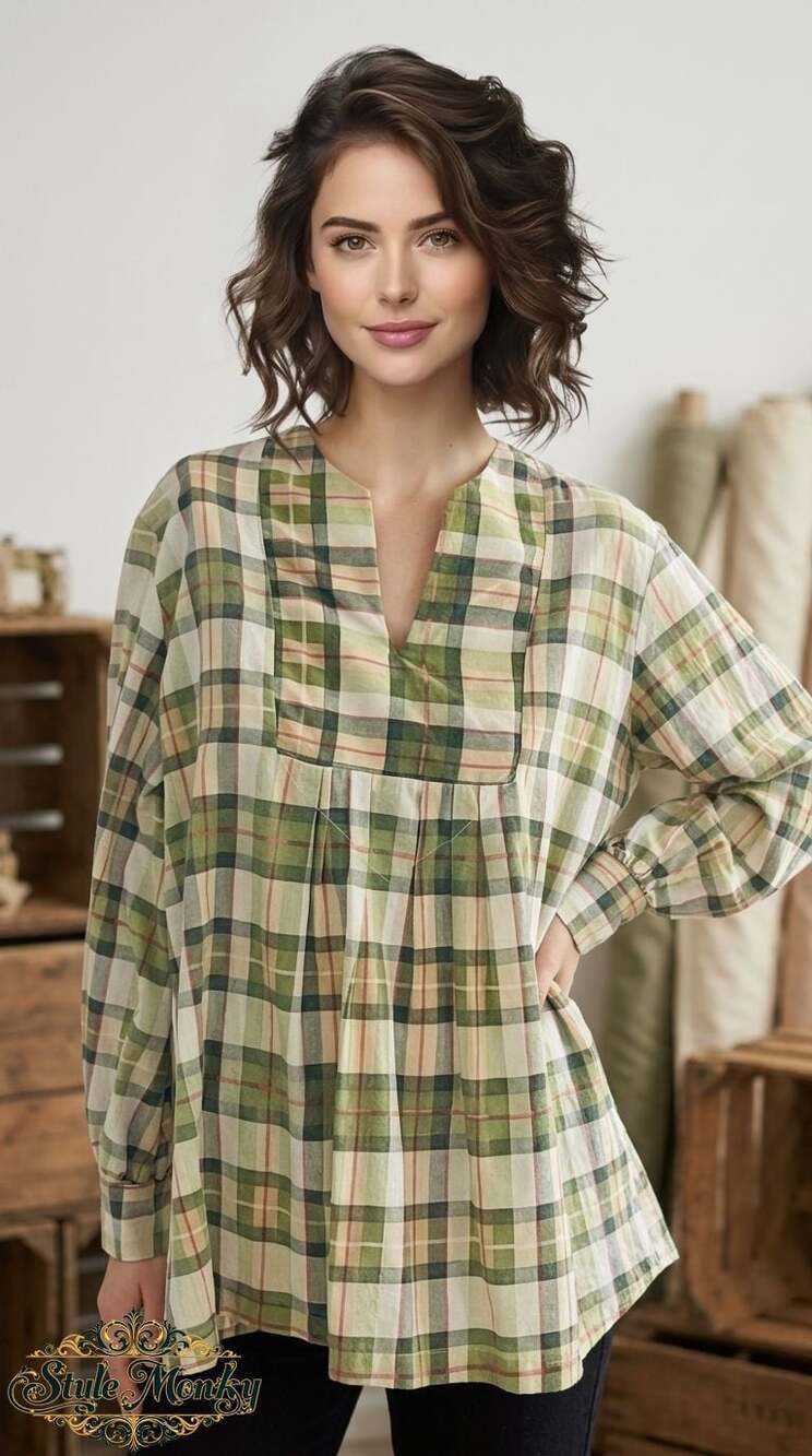 Vintage Green Plaid Long Sleeve V-Neck Babydoll Tunic Top with Pleats