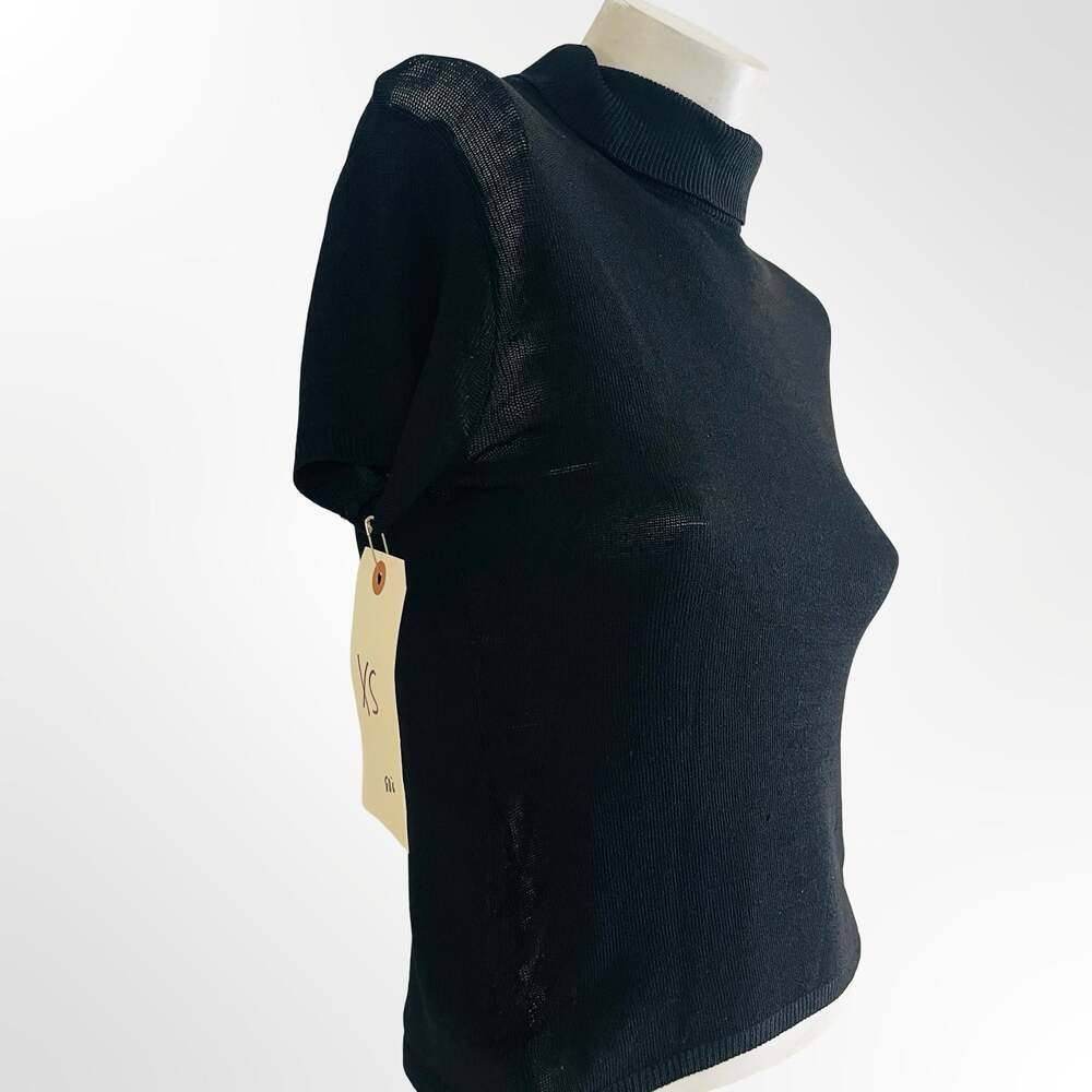 Black Short Sleeve Mock Neck Ribbed Knit Top