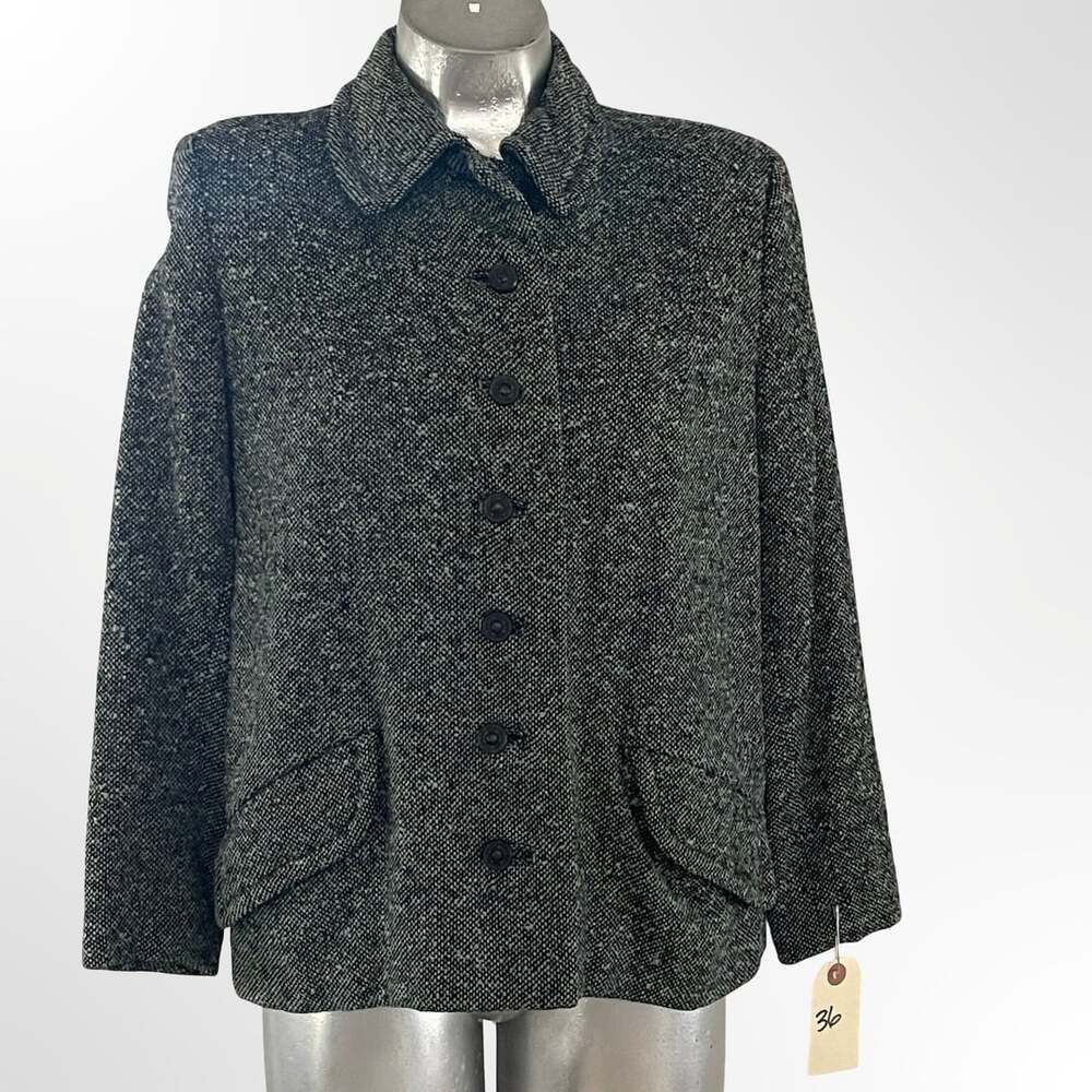 Vintage Nordstrom Black and White Tweed Collared Button-Up Wool Jacket