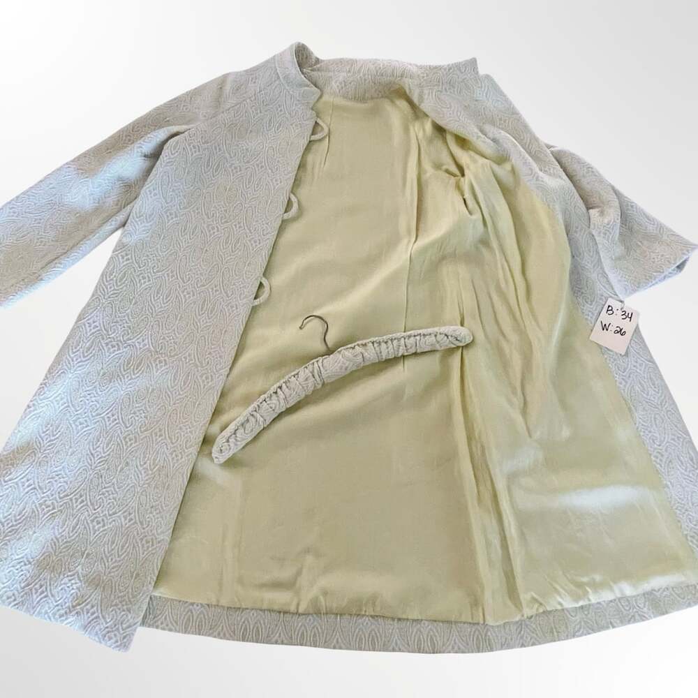 Vintage 1960s Green and Gold Paisley Brocade Long Coat with Stand Collar