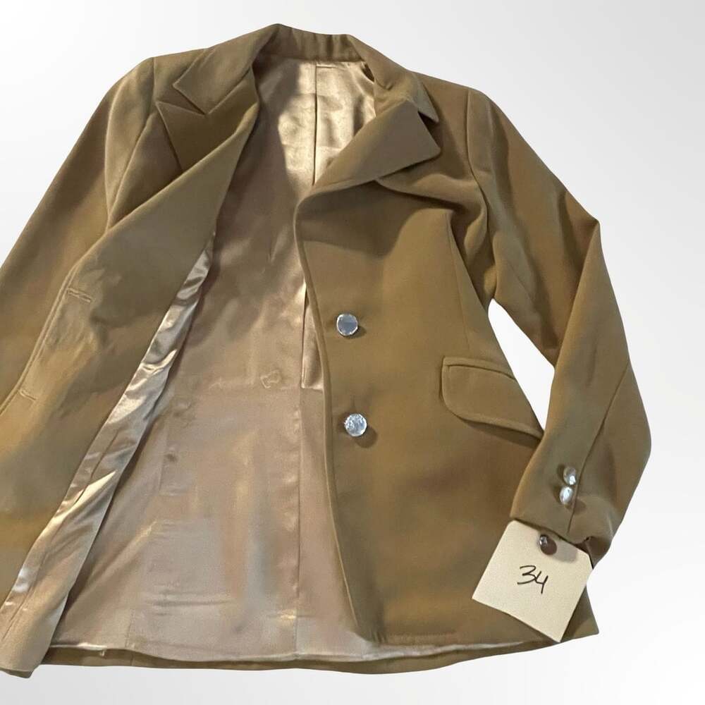 Tan Brown Two-Button Fitted Blazer with Crystal Buttons