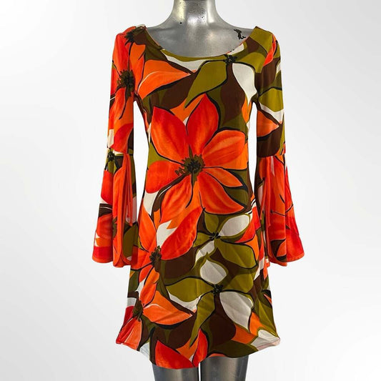 1960s Kamehameha  Floral Colorful Orange Cotton Sun Dress