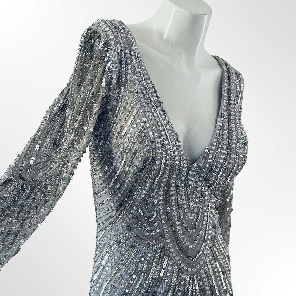 Lara 29615 Long-Sleeve Beaded Cocktail Dress in Silver