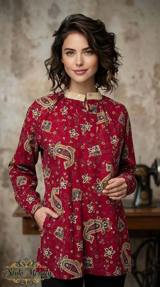 Vintage Red Paisley Floral Long Sleeve Blouse Tunic Grandmacore Smock Top
