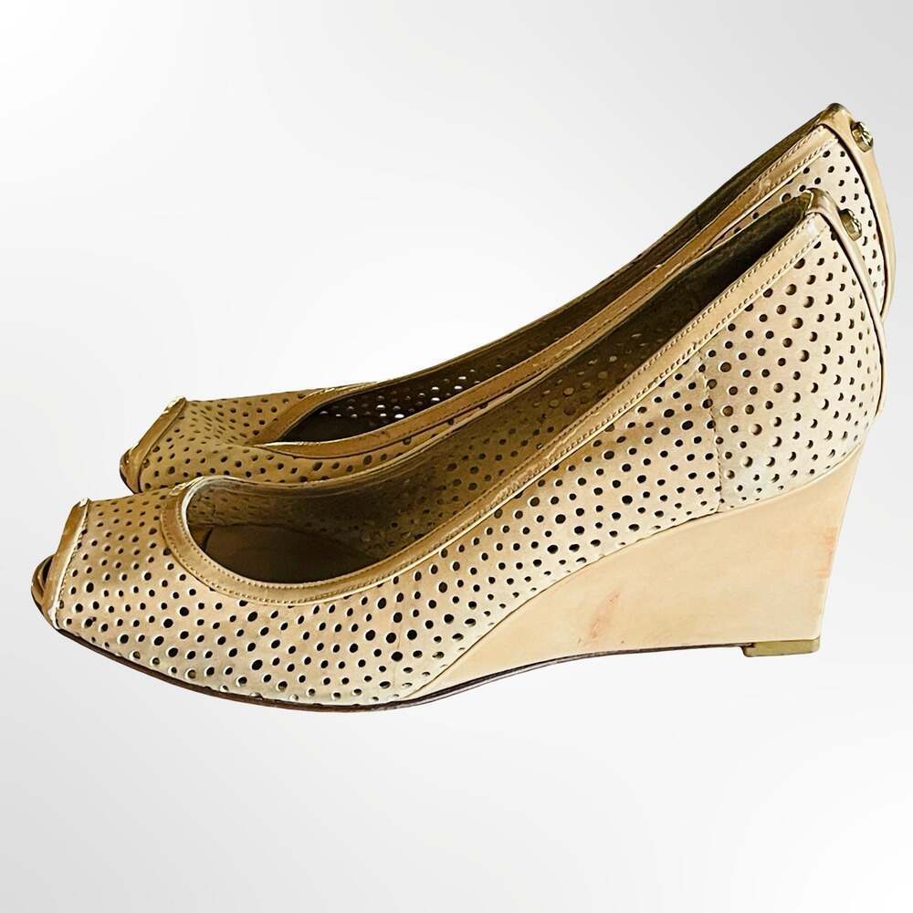 Stuart Weitzman Women's Beige Perforated Leather Peep-Toe Wedge Pumps